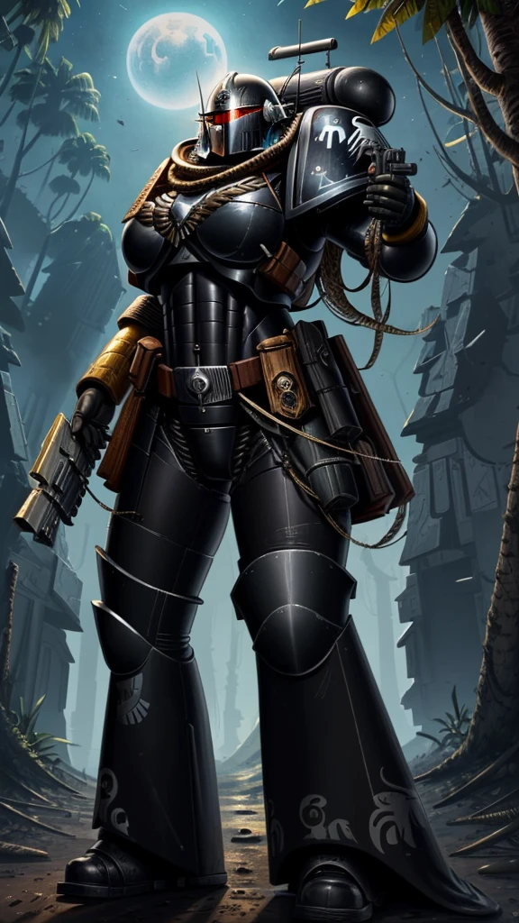 Guardia del cuervo,  Imperial elite sniper jungle enforcer, sosteniendo el rifle, Detalles de uso (Armadura completa:1.2), yelmo de corvo, Science fiction scene, Castillo en ruinas a lo lejos, luz de la luna,Female,Massive Thights,Wide Hips,Massive breast