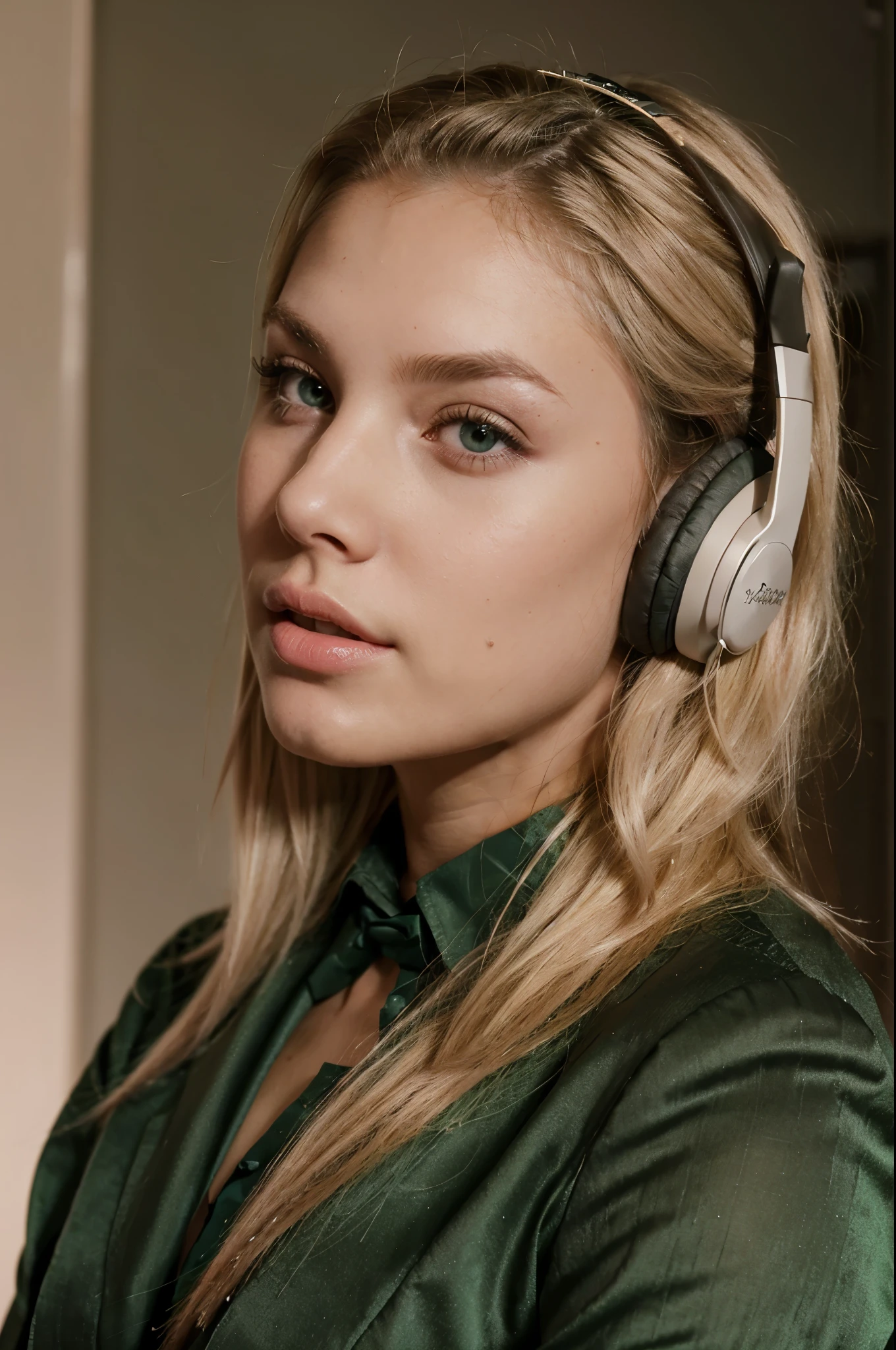 side pose of 23 year old female reporter with dirty MEDIUM blonde hair, wearing formal outfit, wearing headphones, pink lips, listening to music, dirty medium blonde hair, green eyes, realistic photography