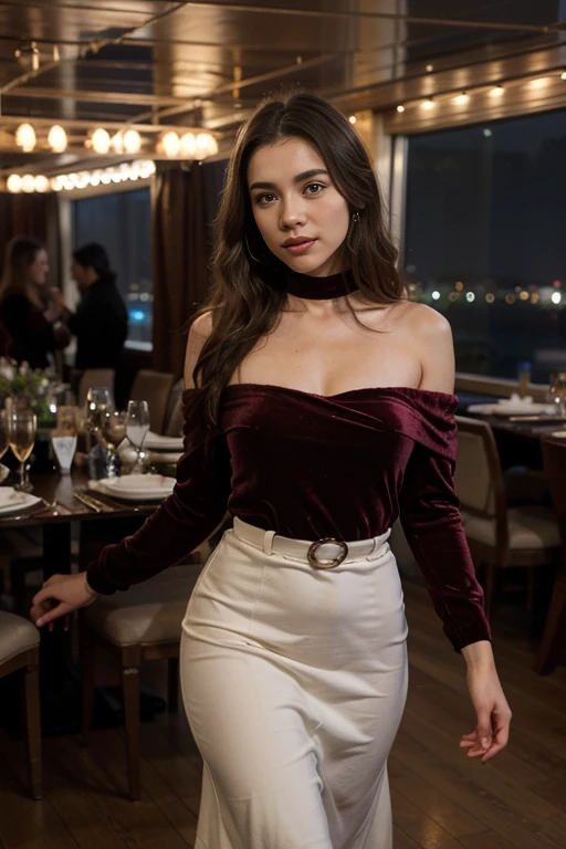 ((best quality)), ((masterpiece)), (detailed), perfect face realistic photo of beautiful woman with long dark brown hair, Russian, influencer, light freckles, dark brown eyes, big lips, no makeup, instagram, elegant off-the-shoulder velvet dress A chic off-the-shoulder knit dress in a deep merlot color. a touch of drama. A faux fur stole and a statement belt complete the elegant look. Ambient: The cruise ship elegantly lit with soft candlelight and fairy lights. The winter night sky and city lights provide a romantic backdrop as guests enjoy a gourmet dinner and dance under the stars. realistic image. Dynamic composition, motion, ultra - detailed, incredibly detailed, a lot of details, amazing fine details and brush strokes, smooth.