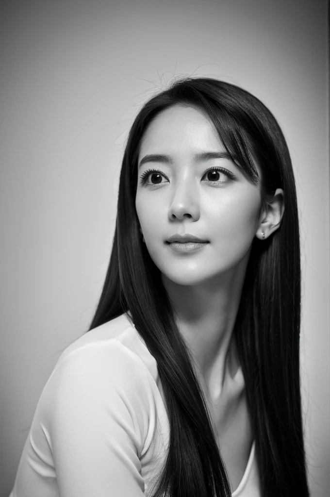 masterpiece, Best Quality, Photorealsitic, Ultra-detailed, finely detail, high resolution, 8k wallpaper, Professional, high level of detail, ((Monochrome photography)), 1girl in, ((Facing the front)), ((Vermilion lips)), Detailed clavicle, face perfect, straight haired