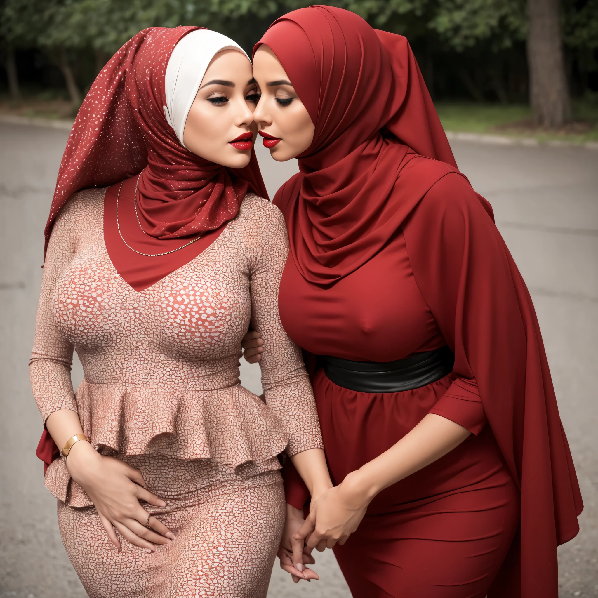 (wearing-hijab:1.4), 2woman, Lesbian Scene, Deeply Kissing, Sharing Passionate Groping Breast, in the park, wet situation, ((ultra gigantic tits))), ((plump body shape)), ((Plump)), (()), (Detailed description of face),(Detailed description of body), Fair and clear skin, matchless beauty, long legged, ,(Stockingeauty mole,(Sapphire Necklace),(mature royal sister),(red-lips),(),、, doress、, muslim woman in a Delicate turtleneck print peplum dress