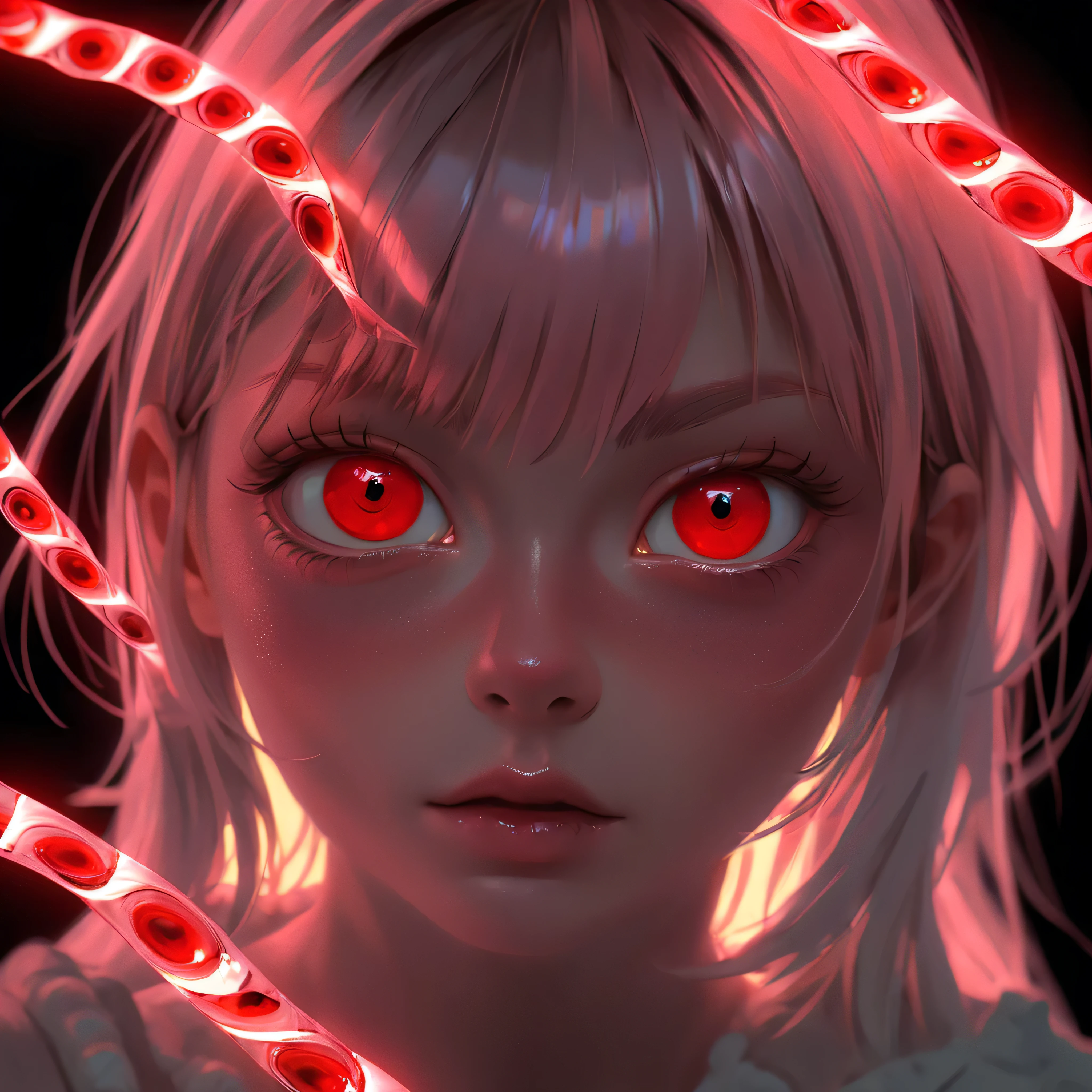 ultra-detalhado,high resolution,8k,(dia chuvoso), (Luz Maligna:1.1), (olhos vermelhos brilhantes:1.1), (malevolent glow:1.1), (melhor qualidade obra de arte:1.2), ominous lighting. Fita de DNA envolvida por plumas. Tons escuros, pano de fundo sombrio, the tape is in a horizontal position