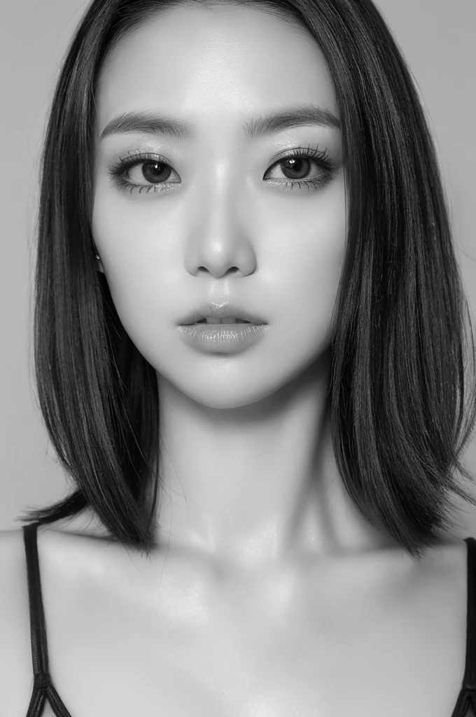masterpiece, Best Quality, Photorealsitic, Ultra-detailed, finely detail, high resolution, 8k wallpaper, Professional, high level of detail, ((Monochrome photography)), 1girl in, ((Facing the front)), ((Vermilion lips)), Detailed clavicle, face perfect, straight haired