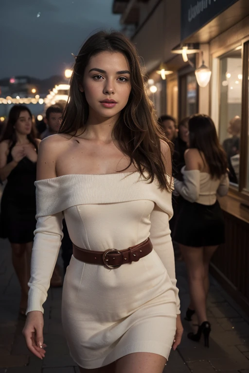((best quality)), ((masterpiece)), (detailed), perfect face realistic photo of beautiful woman with long dark brown hair, Russian, influencer, light freckles, dark brown eyes, big lips, no makeup, instagram, elegant off-the-shoulder velvet dress A chic off-the-shoulder knit dress in a deep merlot color. a touch of drama. A faux fur stole and a statement belt complete the elegant look. Ambient: The cruise ship elegantly lit with soft candlelight and fairy lights. The winter night sky and city lights provide a romantic backdrop as guests enjoy a gourmet dinner and dance under the stars. realistic image. Dynamic composition, motion, ultra - detailed, incredibly detailed, a lot of details, amazing fine details and brush strokes, smooth.