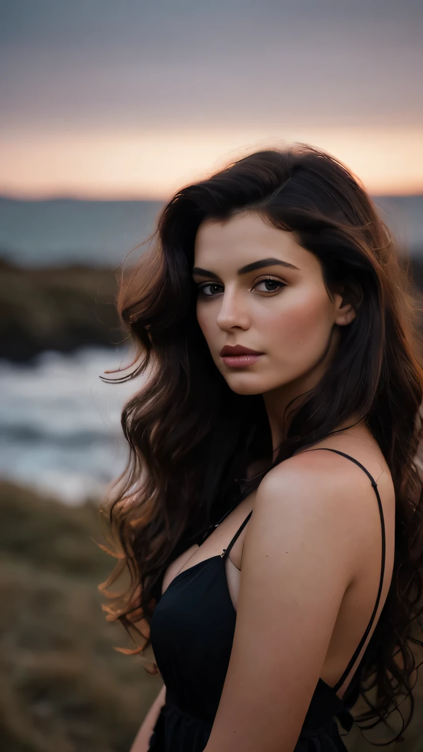 photograph of a dark-haired woman with curls blown by the wind, her hair is braided, like a flame against the twilight sky., radiating unbridled beauty