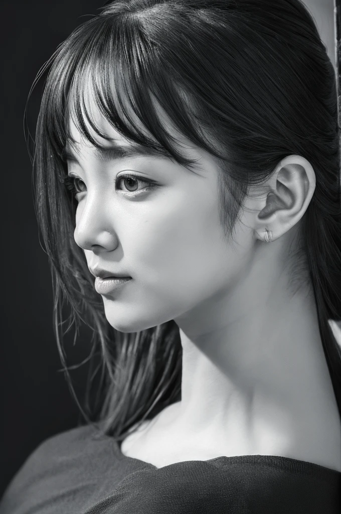 masterpiece, Best Quality, Photorealsitic, Ultra-detailed, finely detail, high resolution, 8k wallpaper, Professional, high level of detail, ((Monochrome photography)), 1girl in, ((Facing the front)), ((Vermilion lips)), Detailed clavicle, face perfect, straight haired