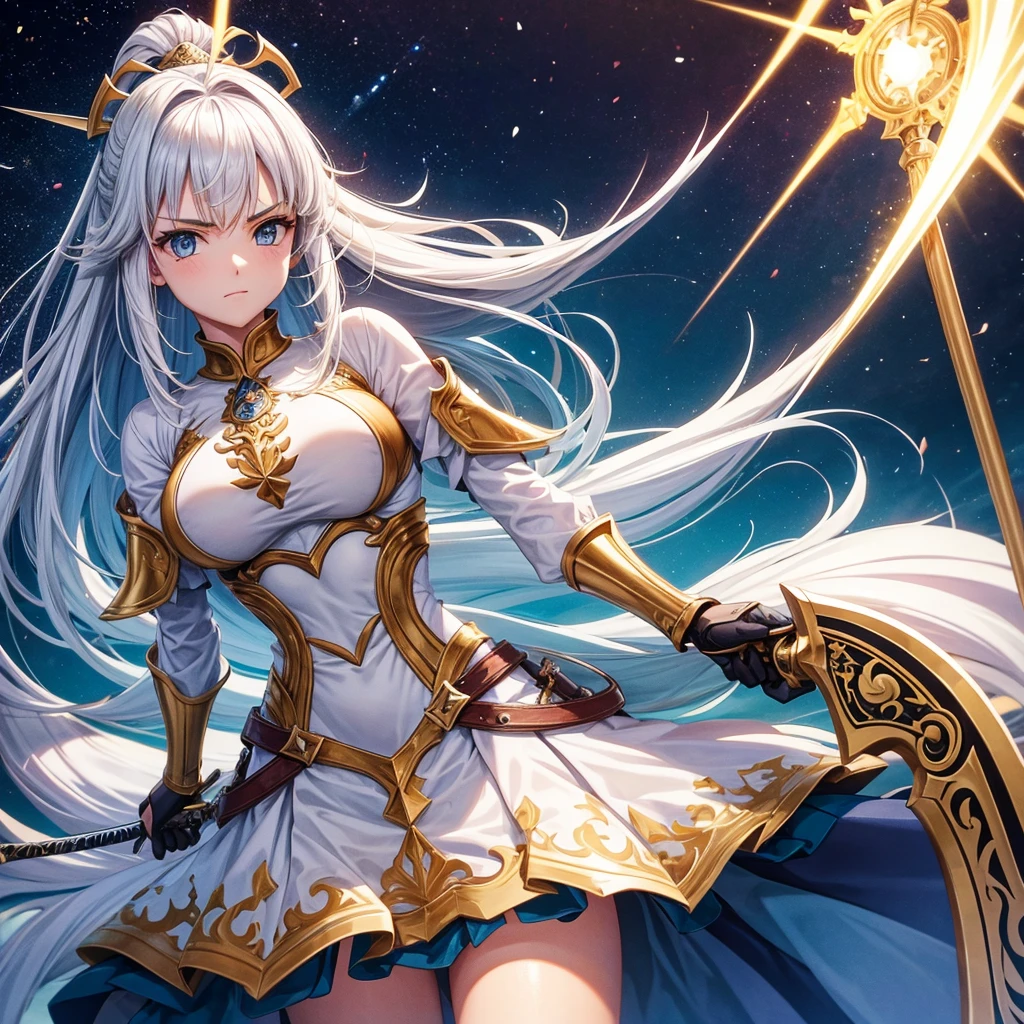 Shiny white armor with attention to detail, Detailed white helmet, A large white sword with great detail, Mysterious golden jewel in the armor, Whitehall in space background, White Aura, White Neon Light