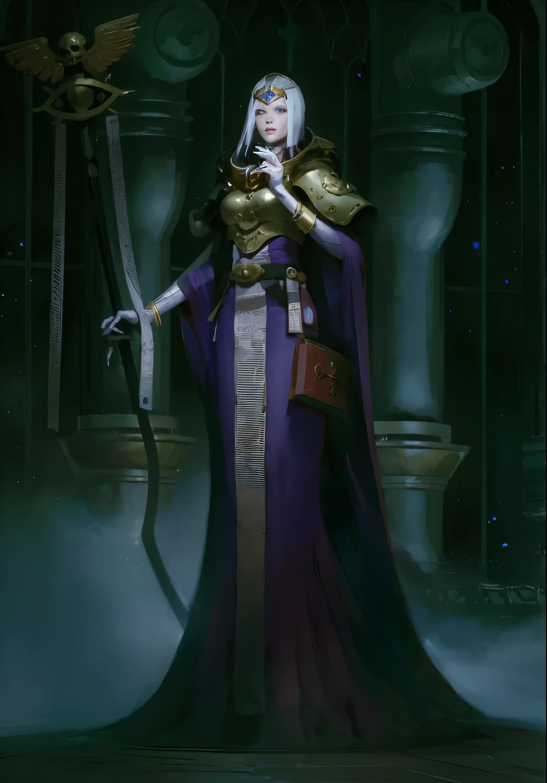 Girl, red eyes, gold armor, purple dress with scroll paper on it, book on waist, cyclop jewel, staff with skull and eye, long fingers with claw, Grimdark, WH40k, by artgerm, league of legend