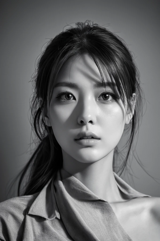 masterpiece, Best Quality, Photorealsitic, Ultra-detailed, finely detail, high resolution, 8k wallpaper, Professional, high level of detail, ((Monochrome photography)), 1girl in, ((Facing the front)), ((Vermilion lips)), Detailed clavicle, face perfect, straight haired