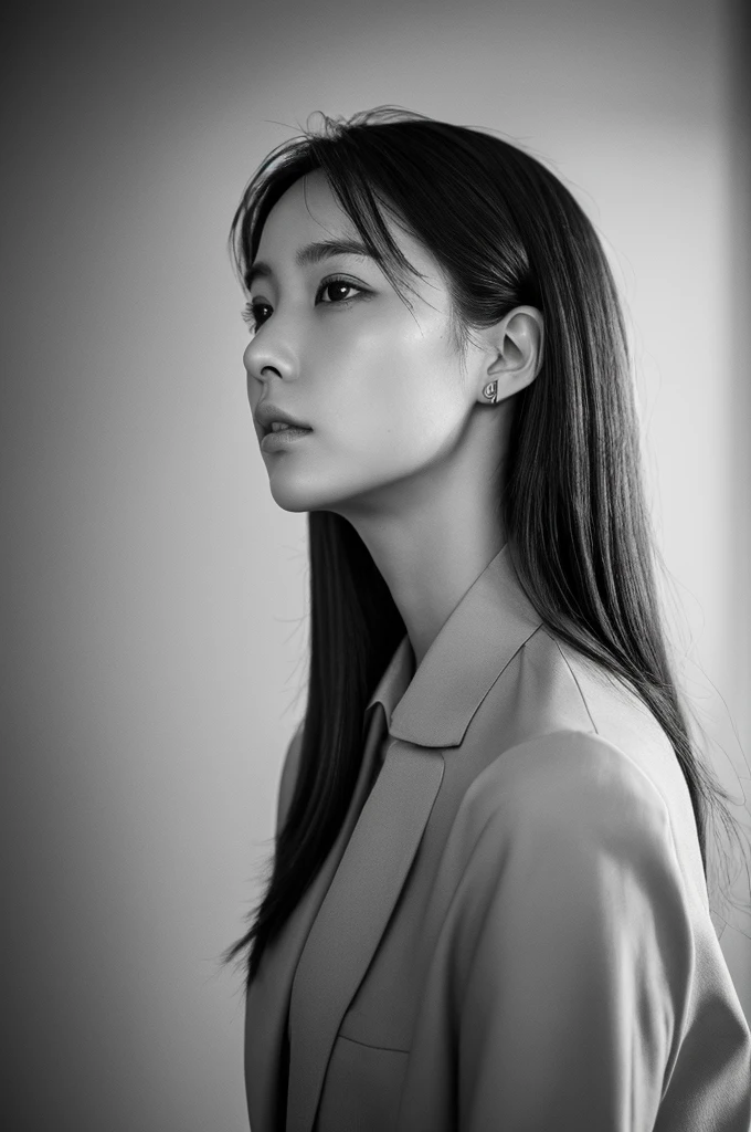 masterpiece, Best Quality, Photorealsitic, Ultra-detailed, finely detail, high resolution, 8k wallpaper, Professional, high level of detail, ((Monochrome photography)), 1girl in, ((Facing the front)), ((Vermilion lips)), Detailed clavicle, face perfect, straight haired