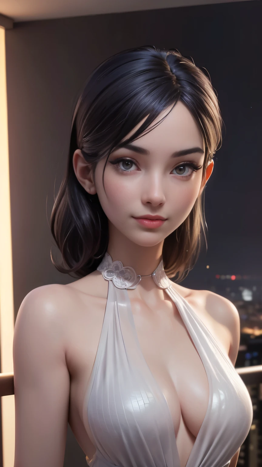 photo of susu_jpg, RAW, beautiful woman, ((portrait)), ((detailed face:1.2)), ((detailed facial feature, detailed skin, clear skin), (perfect proportioned body), (wearing an small low cut halter dress) (high detailed city environment, apartment balcony), (realistic photo, best quality, detailed), (8k wallpaper), (cinematic lighting, dramatic lighting) (sharp focus, intricate)