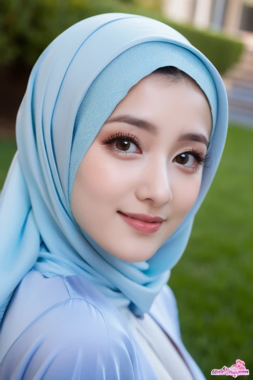 Masterpiece, realistic, best quality, best lighting, 1 pretty girl with angelic face, full body photo solo, beautifully makeup, eyeshadow, Parted Lips, Detailed Eyes, beautiful big eyes, long eye lashes, smile, wearing ((light blue satin headscarf)), loosely tide hijab style, full naked, very big breast, standing in the yard