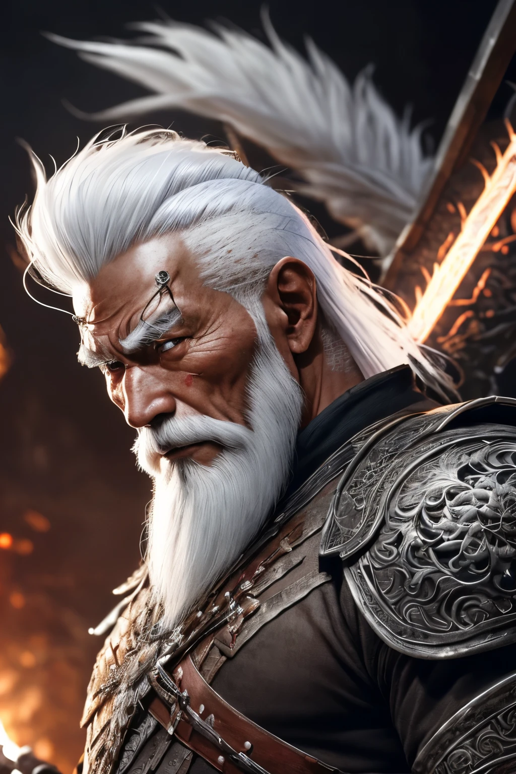 (extremely detailed 8k wallpaper), a medium photo of an old warrior Asian man with white hair from the necromancer Gerrary, intricate, with many details, dramatic