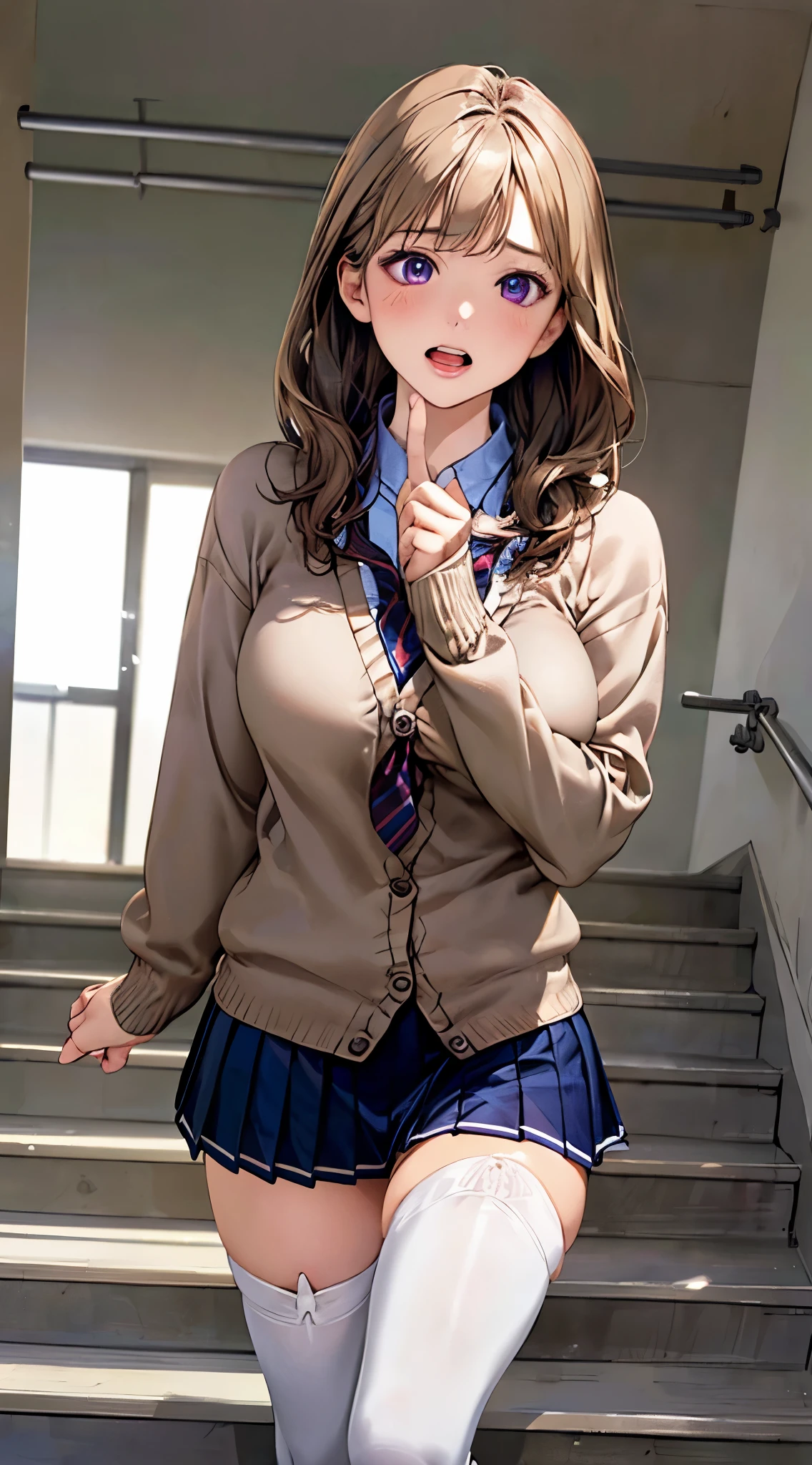 (masterpiece:1.2, top-quality), (realistic, photorealistic:1.4), beautiful illustration, (natural side lighting, movie lighting), 
(from behind:1.2, bottom view), looking at viewer, full body, 1 girl, japanese, high school girl, perfect face, cute and symmetrical face, shiny skin, 
(long hair:1.8, straight hair:1.7, blond hair), asymmetrical bangs, purple eyes, (large breasts:1.1, thick thighs), 
beautiful hair, beautiful face, beautiful detailed eyes, beautiful clavicle, beautiful body, beautiful chest, beautiful thigh, beautiful legs, beautiful fingers, 
((light blue collared shirts, navy pleated mini skirt, socks, navy tie, light brown cardigan, white thighhighs)), pink panties, 
(beautiful scenery), evening, school stairs, walking, leaning forward, (perfect fingers:1.3), vibrator in thighhighs, 
((ahegao, ashamed, scared, open mouth)), looking up from the bottom of the stairs, 