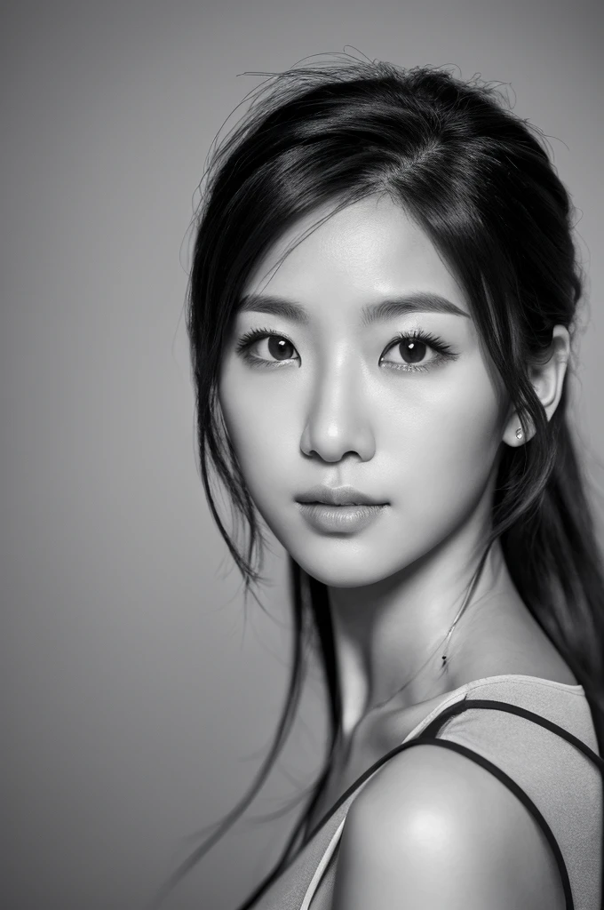 masterpiece, Best Quality, Photorealsitic, Ultra-detailed, finely detail, high resolution, 8k wallpaper, Professional, high level of detail, ((Monochrome photography)), 1girl in, ((Facing the front)), ((Vermilion lips)), Detailed clavicle, face perfect, straight haired