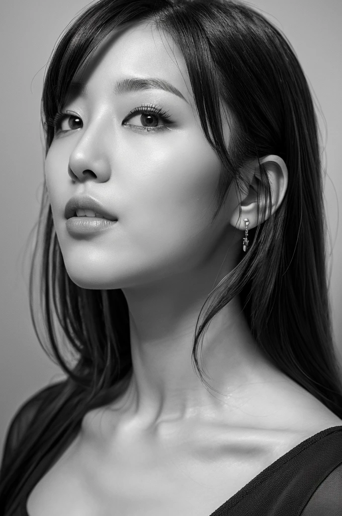 masterpiece, Best Quality, Photorealsitic, Ultra-detailed, finely detail, high resolution, 8k wallpaper, Professional, high level of detail, ((Monochrome photography)), 1girl in, ((Facing the front)), ((Vermilion lips)), Detailed clavicle, face perfect, straight haired