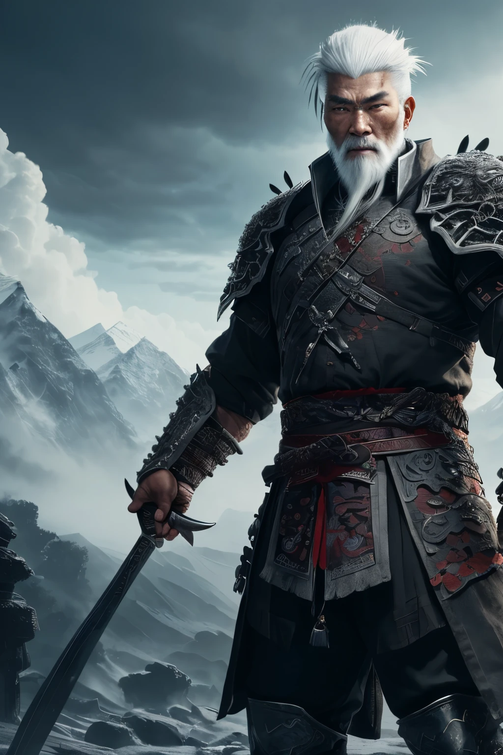 (extremely detailed 8k wallpaper), a medium photo of an old warrior Asian man with white hair from the necromancer Gerrary, intricate, with many details, dramatic