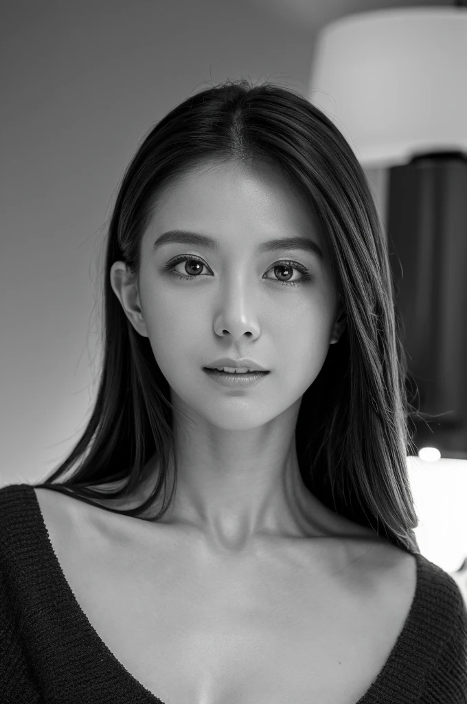 masterpiece, Best Quality, Photorealsitic, Ultra-detailed, finely detail, high resolution, 8k wallpaper, Professional, high level of detail, ((Monochrome photography)), 1girl in, ((Facing the front)), ((Vermilion lips)), Detailed clavicle, face perfect, straight haired