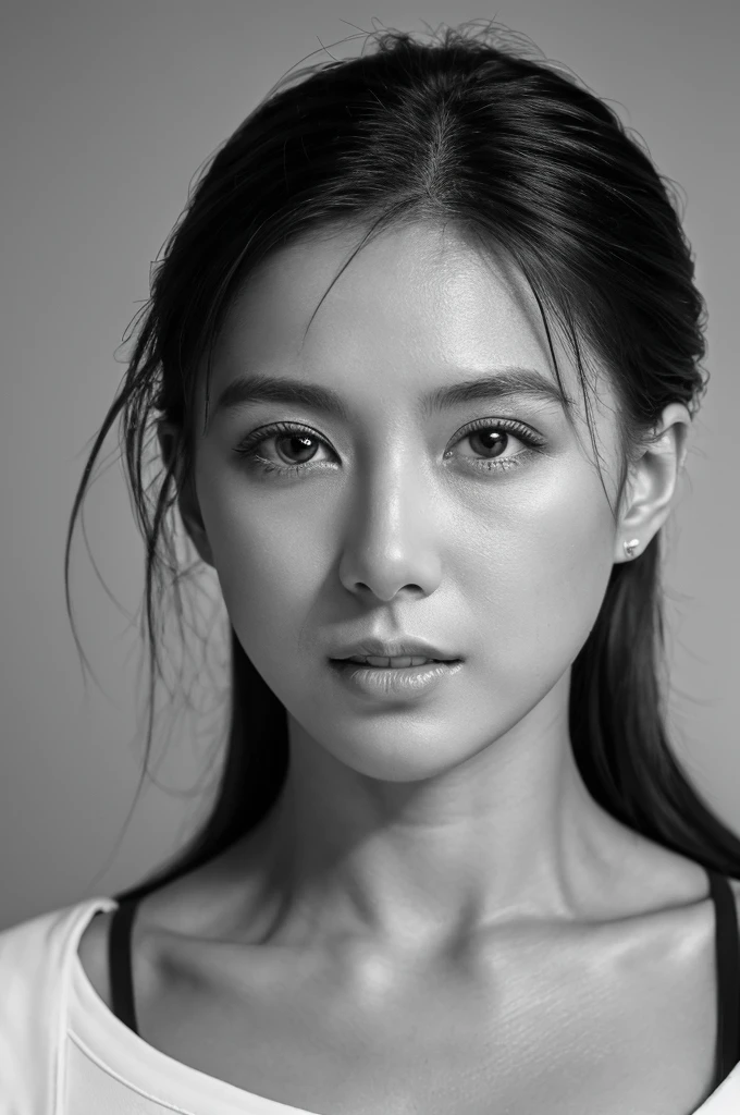 masterpiece, Best Quality, Photorealsitic, Ultra-detailed, finely detail, high resolution, 8k wallpaper, Professional, high level of detail, ((Monochrome photography)), 1girl in, ((Facing the front)), ((Vermilion lips)), Detailed clavicle, face perfect, straight haired