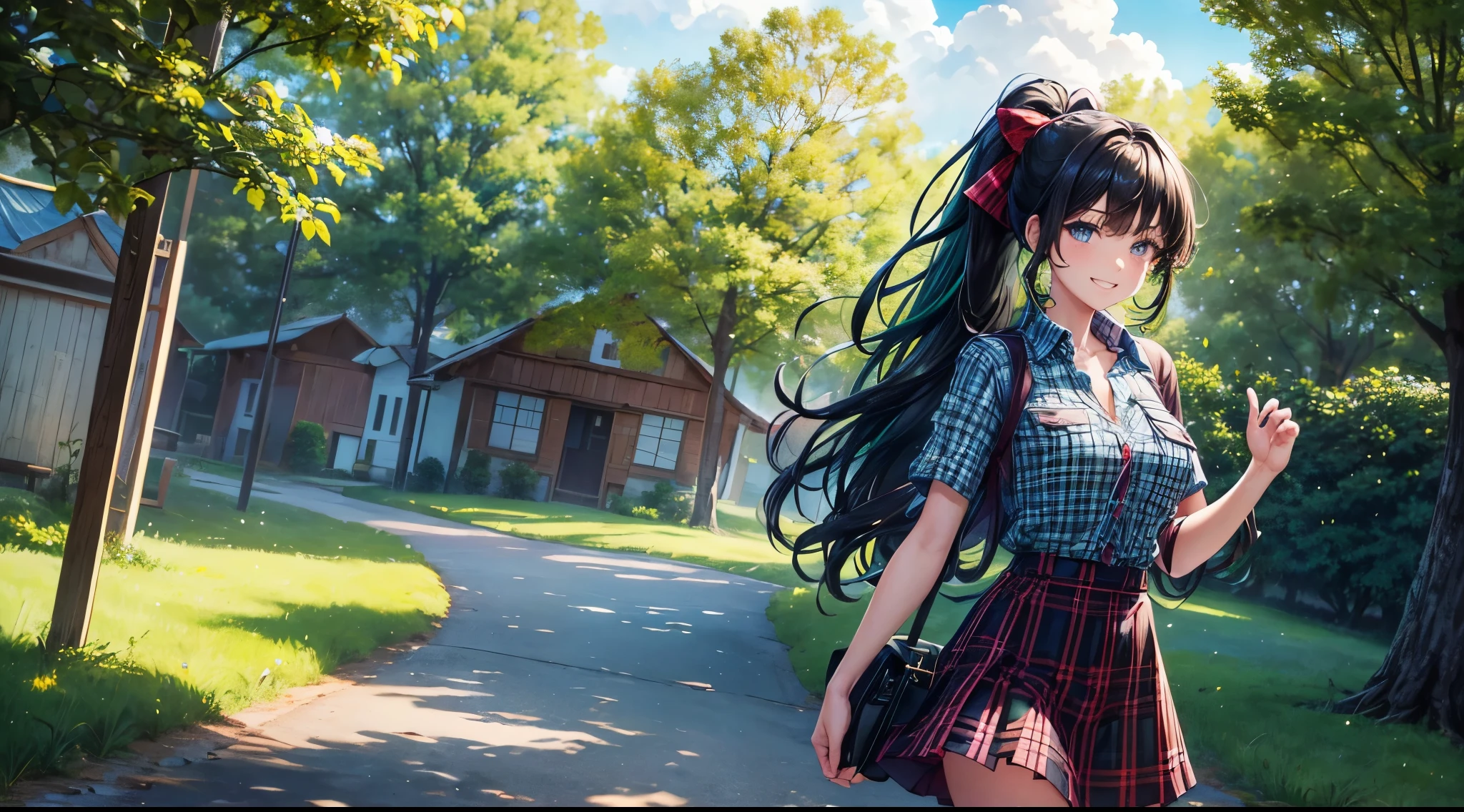 1girl, full body, solo, village, trees, sun, clouds, ((colorful hair)), long hair, curly hair, ponytail, large breasts, button down shirt, ((green checked shirt)), ((unbuttoned shirt)), blue eyes, ((short sleeved shirt)), ((red and black skirt)), grin, looking at the viewer, ((standng)), hair ribbon, shoulder bag