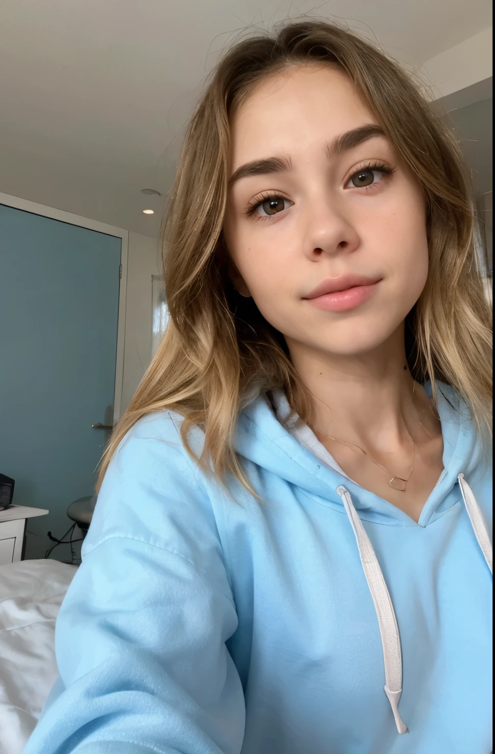 create ultrarealistic, hyperdetailed, anatomically correct girl, riley reid (blonde, cute, innocent, flat-chested, petite) upper body selfie from hand (front camera) in bed, wearing baby blue hoodie