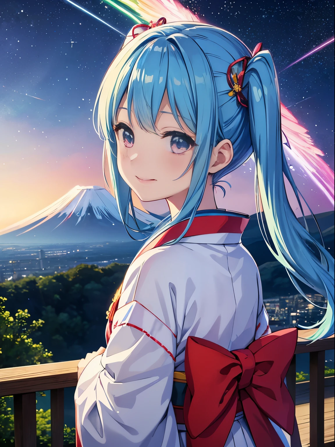 Mt. Fuji in the background　super idol　beautiful girl　charming smile　sky blue hair　hair length　twin tails　white and red、blue and yellow、green、there&#39;s pink there、;Japanese kimono you&#39;ve never seen before、looking at camera　The angel has large rainbow-colored angel wings.、fantasy　constellation　moon　crystal shine　aurora in the night sky