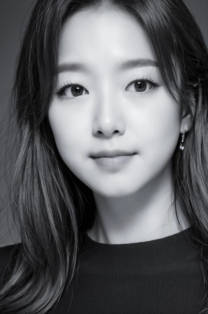 masterpiece, Best Quality, Photorealsitic, Ultra-detailed, finely detail, high resolution, 8k wallpaper, Professional, high level of detail, ((Monochrome photography)), 1girl in, ((Facing the front)), ((Vermilion lips)), Detailed clavicle, face perfect, straight haired