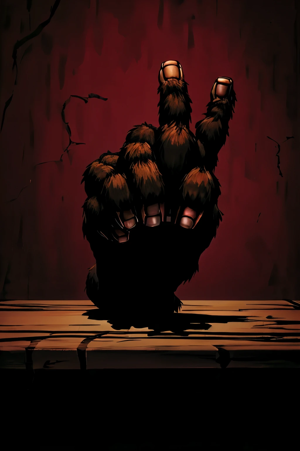 scary scene of a close of a monkey hand on a table