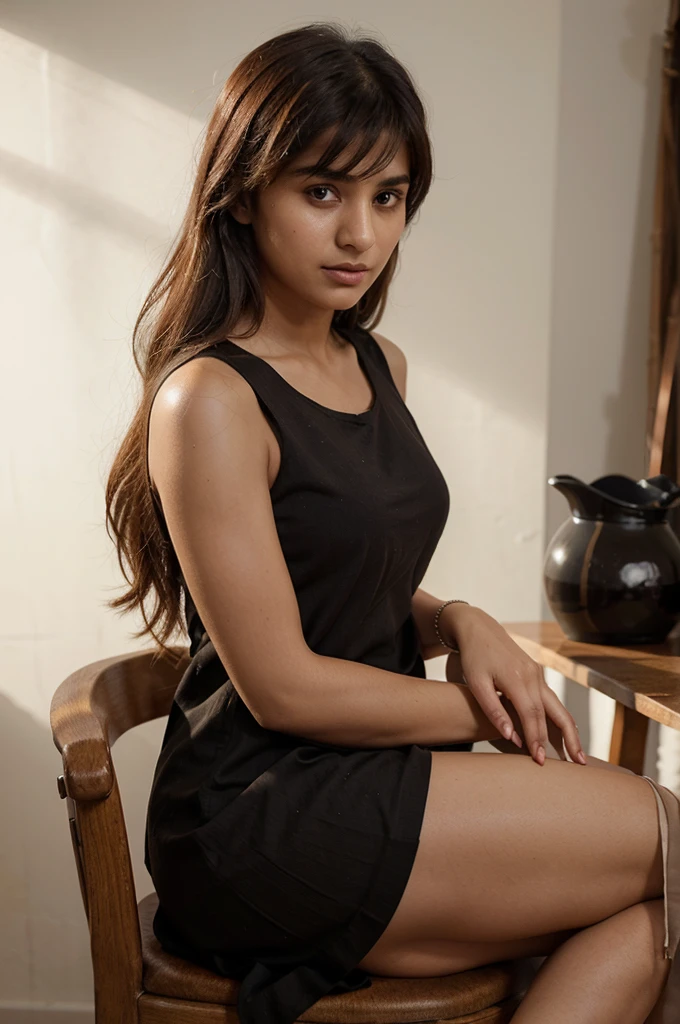 realistic half body portrait of a 25-year-old pakistani girl, hair bangs, sleeveless maroon kurti , solid brown background, studio portrait, bokeh, skin texture, hair texture, slim, raw image, side light, light and shadow, orange fuji color tone, looking at the camera, small breast, very slim body, touching hair pose, sad, natural light, sitting on a chair, side face, not looking at camera,