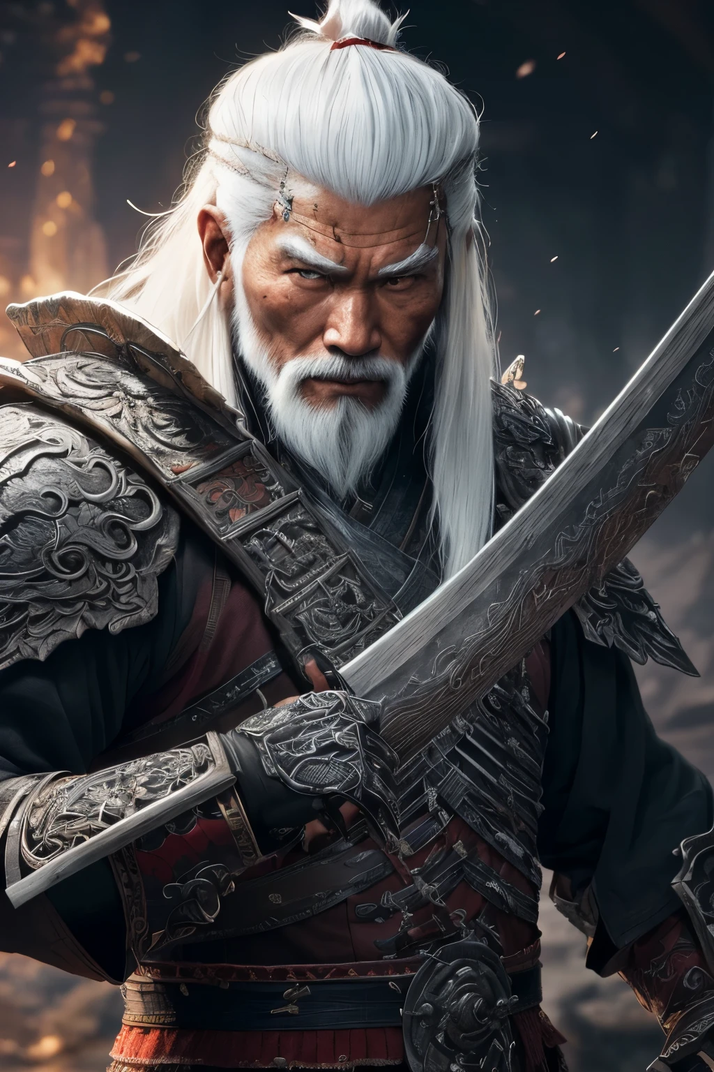 (extremely detailed 8k wallpaper), a medium photo of an old warrior Asian man with white hair from the necromancer Gerrary, intricate, with many details, dramatic