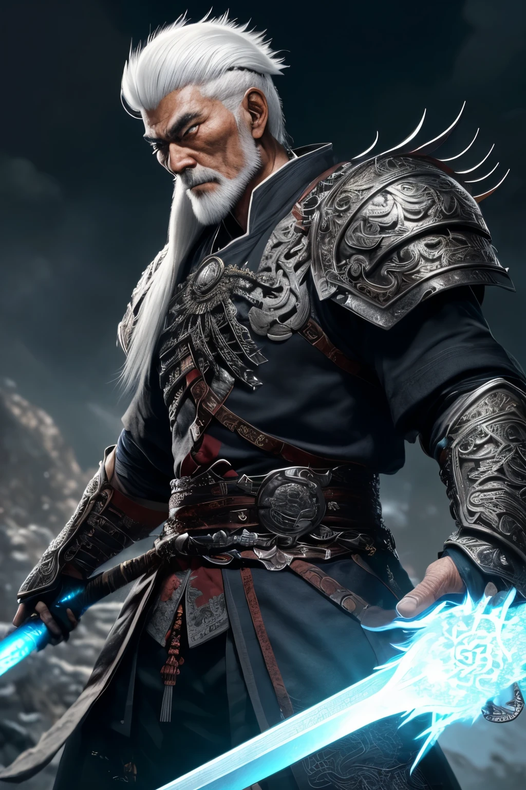 (extremely detailed 8k wallpaper), a medium photo of an old warrior Asian man with white hair from the necromancer Gerrary, intricate, with many details, dramatic