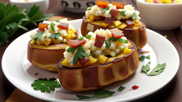 batata recheada com bacon em um prato , no fundo um restaurante