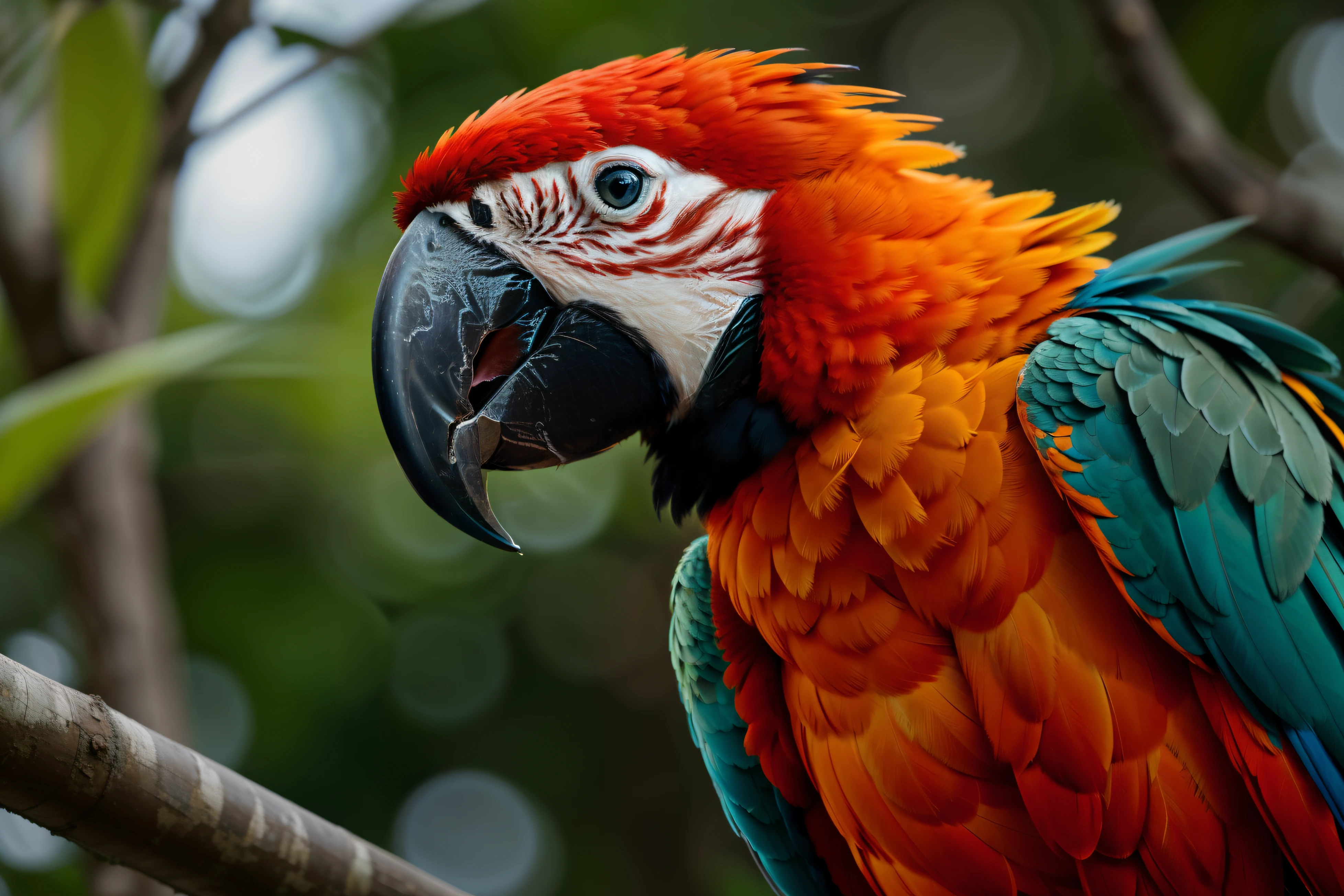 compose an image showcasing a majestic macaw  bird  with a fiery palette of orange  and Red feathers. The bird's eye should be a striking turquoise, set against the contrasting plumage, with a sharp, curved beak. The feathers are detailed with varying shades, adding a sense of texture and depth. In the background, include soft, out-of-focus lights to give an ethereal, bokeh effect that complements the sharp focus on the bird's head., Movie Still