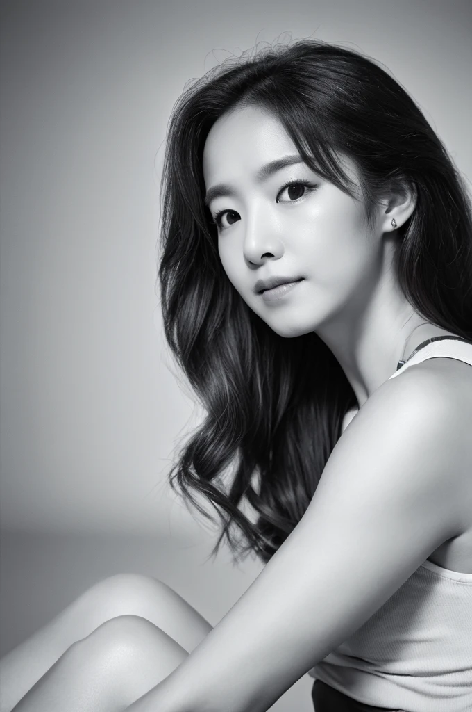 masterpiece, Best Quality, Photorealsitic, Ultra-detailed, finely detail, high resolution, 8k wallpaper, Professional, high level of detail, ((Monochrome photography)), 1girl in, ((Facing the front)), ((Vermilion lips)), Detailed clavicle, face perfect, straight haired
