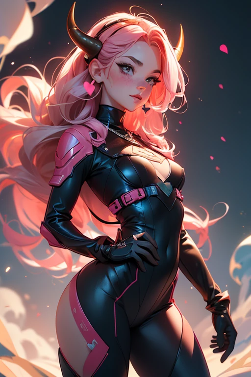 (Masterpiece: 1.5, best quality, high resolution: 1.3, super resolution, super detailed, ultra detailed: 1.3, rich background: 1.2, 1 woman)) pale skin + pink hair + long wavy hair + gray eyes + long eyelashes + long bangs + heart locks + reddish freckles on cheeks + feminine body + large chest + medium hips + blush on cheeks (intricate wetsuit, detailed high boots, harness, hip bag, long gloves, exposed skin of shoulders and belly, thick necklace, small round horns near the forehead red, long and thin collars, black round sunglasses) ((smile, extending her hand, pink smoke behind her, hearts, villain of hearts, attractive appearance) (colors for clothing: white, black, cream, red)