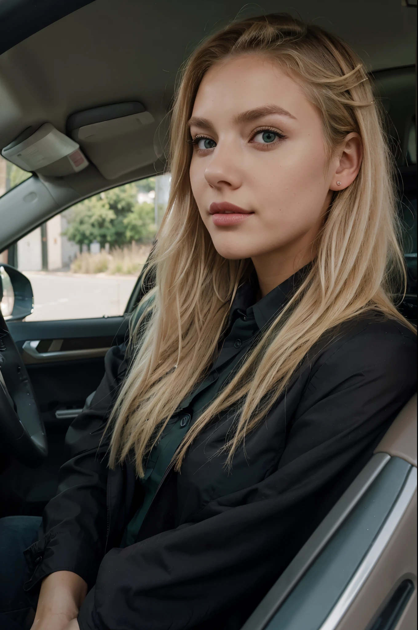 selfie of 23 year old female reporter with dirty MEDIUM blonde hair, wearing black formal shirt and jacket, pink lips, driving a car, dirty medium blonde hair, green eyes, realistic photography