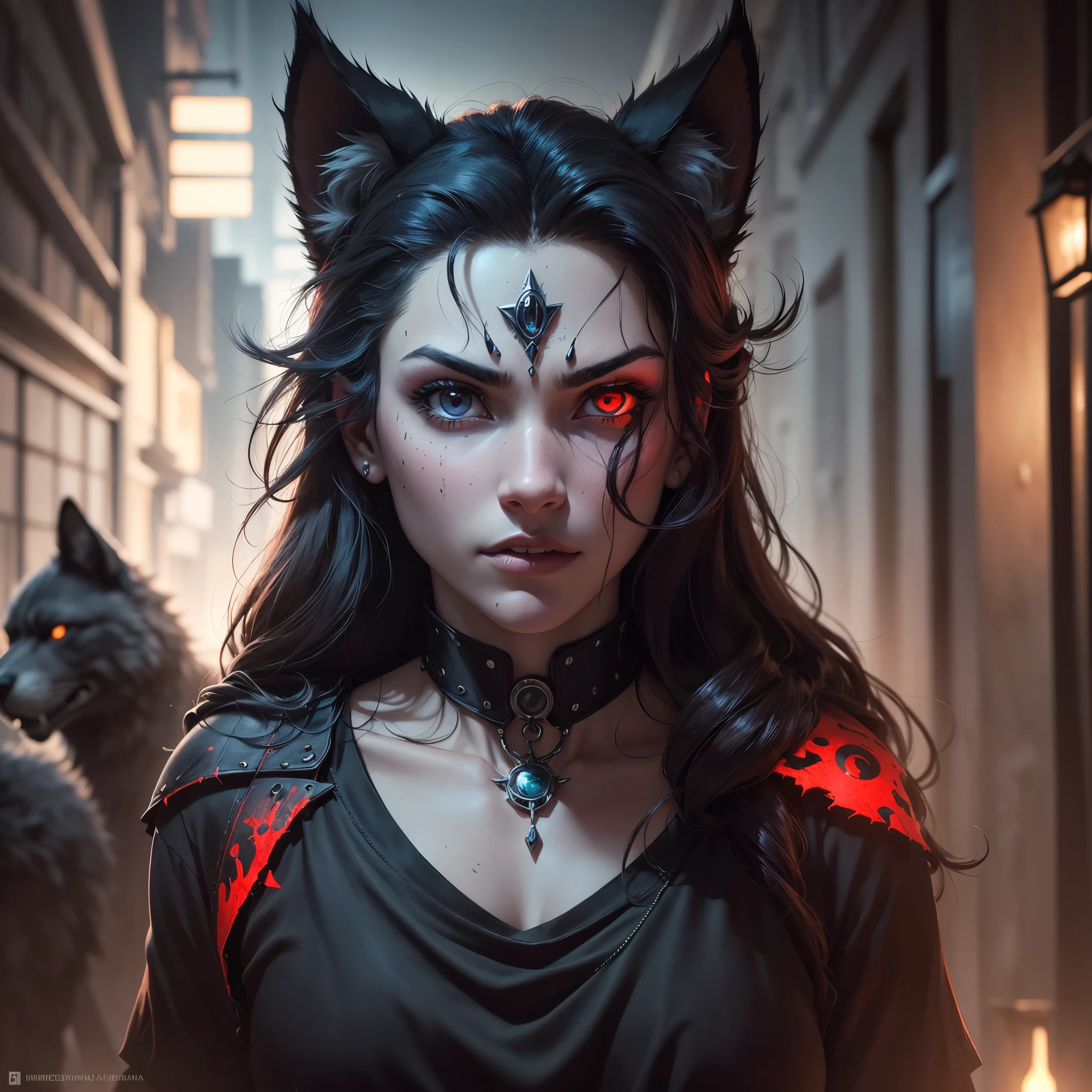 Imagen extremadamemte detallada,obra maestra,la mejor calidad,relismo extremo con mucho detalle,lobo de 6 cabesas surgiendo de la oscuridad,en una ciudad de los 60 estremadamemte siniestra,lobos con pelaje grueso y negro,ojos rojos y penetrantes que brillan en la oscuridad,dark and guttural growl,postura de ataque,perfil derecho,