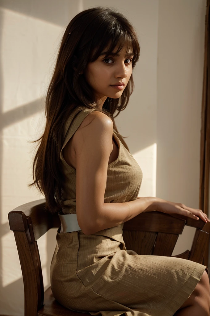 realistic half body portrait of a 25-year-old pakistani girl, hair bangs, sleeveless maroon kurti , solid brown background, studio portrait, bokeh, skin texture, hair texture, slim, raw image, side light, light and shadow, orange fuji color tone, looking at the camera, small breast, very slim body, touching hair pose, sad, natural light, sitting on a chair, side face, not looking at camera,