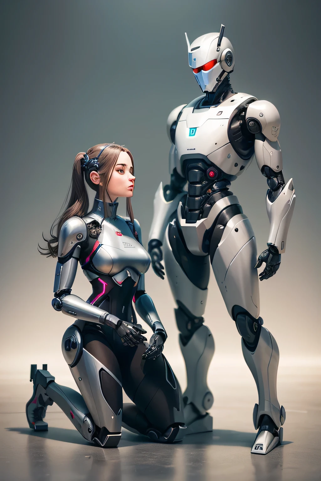 Female robot kneeling to its master kneel before a middle-aged man Machine body
