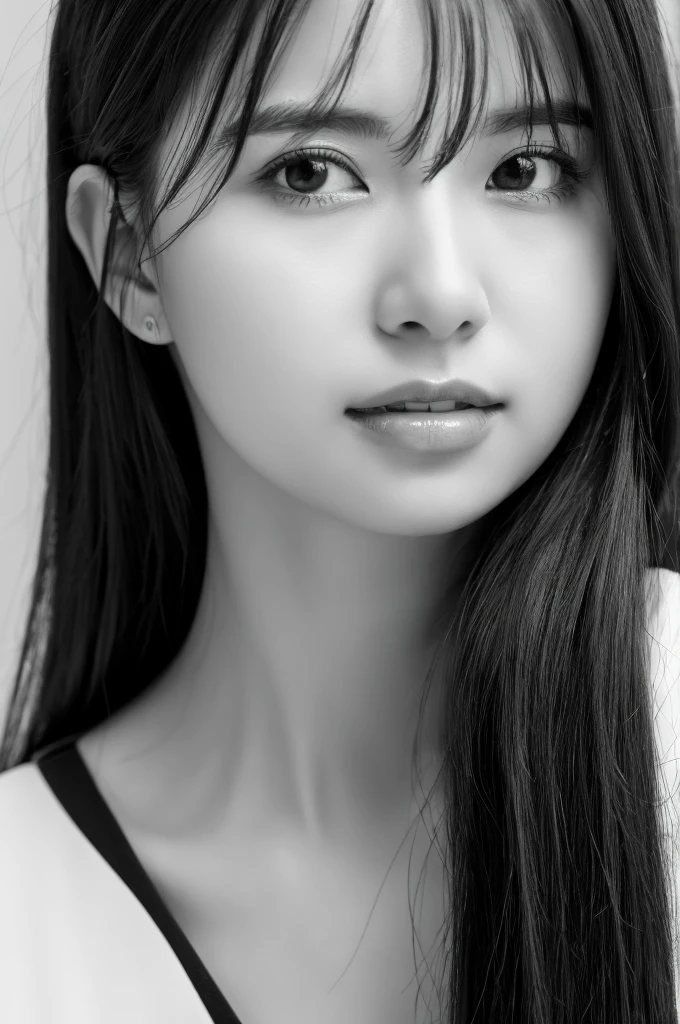 masterpiece, Best Quality, Photorealsitic, Ultra-detailed, finely detail, high resolution, 8k wallpaper, Professional, high level of detail, ((Monochrome photography)), 1girl in, ((Facing the front)), ((Vermilion lips)), Detailed clavicle, face perfect, straight haired