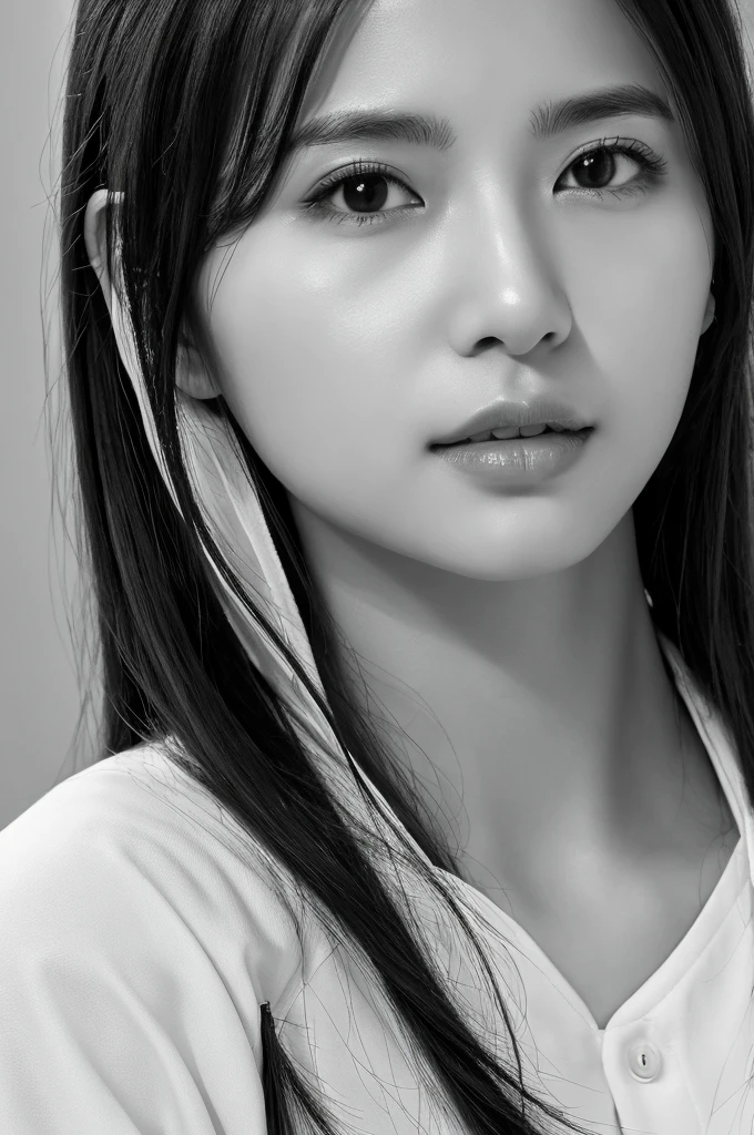 masterpiece, Best Quality, Photorealsitic, Ultra-detailed, finely detail, high resolution, 8k wallpaper, Professional, high level of detail, ((Monochrome photography)), 1girl in, ((Facing the front)), ((Vermilion lips)), Detailed clavicle, face perfect, straight haired