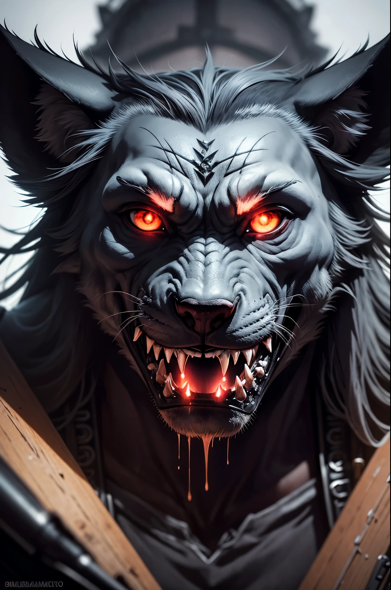 Imagen extremadamemte detallada,obra maestra,la mejor calidad,relismo extremo con mucho detalle,lobo de 6 cabesas surgiendo de la oscuridad,en una ciudad de los 60 estremadamemte siniestra,lobos con pelaje grueso y negro,ojos rojos y penetrantes que brillan en la oscuridad,dark and guttural growl,postura de ataque,perfil derecho,