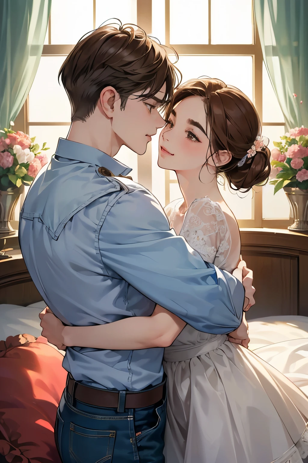 (muste piece, 4K,8K, Super detailed, beautiful images, Sharp Image, photorealistic,perfect face, perfect lines, Perfect eyes, soft lighting) 1 woman, (brown hair,Chignon hair in a high position,Innocent look,lowered eyebrows,drooping eyebrows,droopy eyes,cute big eyes,natural makeup,gentle smile,Round jaws,mature women:1.3),スーツ姿のハンサムなmale性2人, (male,male性はスーツ姿,muscular,Firm shoulder width, maleの,boyish hairstyle,English gentlemanly style,クールな表情の成熟male性,明るい笑顔の成熟male性:1.2),(Nervous,embarrassed,sleepy,embarrassing:1.2),innocent smile,(embarrassing,shy smile:1.1),flower shop、First sale、Flower Cottage、kiss、couple、couplekiss、Romance、Casual style、Skinny Denim、flower arrangement、western style sofa、bouquet、hug、lie on the bed、
