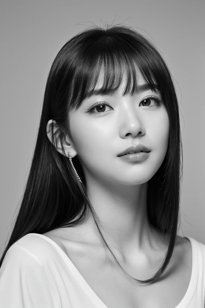 masterpiece, Best Quality, Photorealsitic, Ultra-detailed, finely detail, high resolution, 8k wallpaper, Professional, high level of detail, ((Monochrome photography)), 1girl in, ((Facing the front)), ((Vermilion lips)), Detailed clavicle, face perfect, straight haired