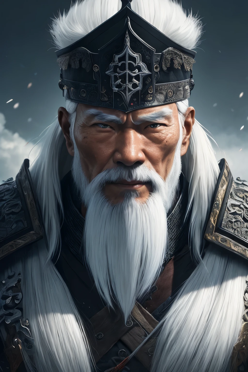 (extremely detailed 8k wallpaper), a medium photo of an old warrior Asian man with white hair from the necromancer Gerrary, intricate, with many details, dramatic