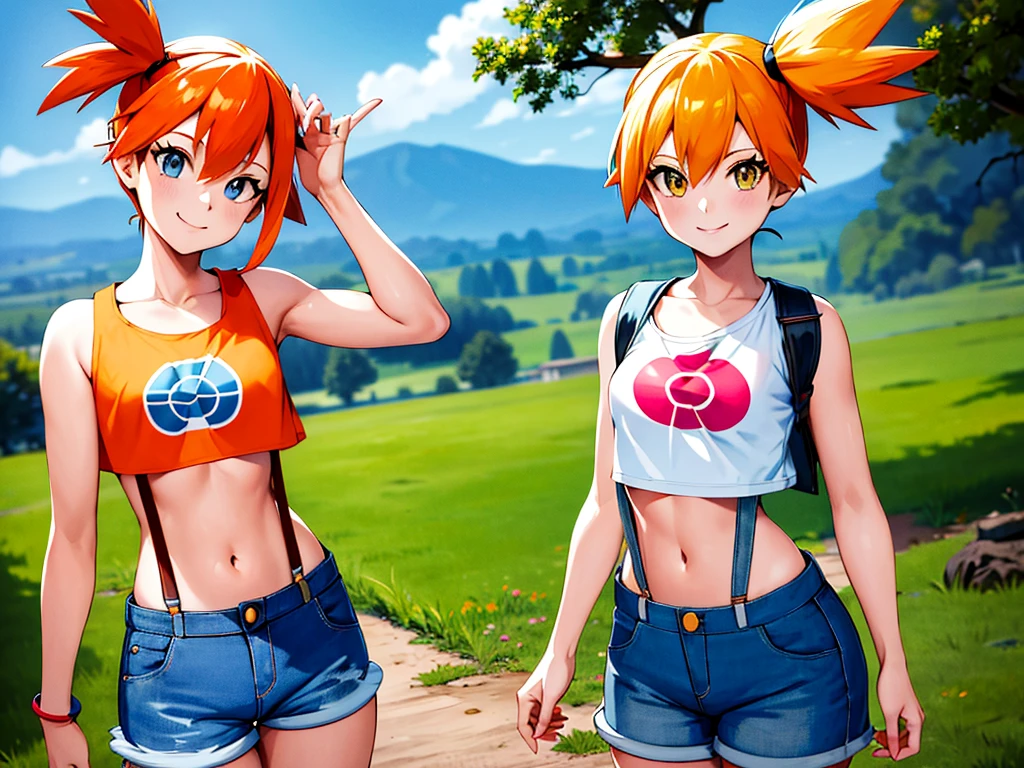 masterpiece, best quality, highres, 1girl, misty (pokemon), orange hair, solo, shorts, suspenders, side ponytail, orange hair, midriff, yellow crop top, navel, short hair, denim, denim shorts, smile, cowboy shot, outdoors, Under Boob, flat chest, Externally expanded Chest,