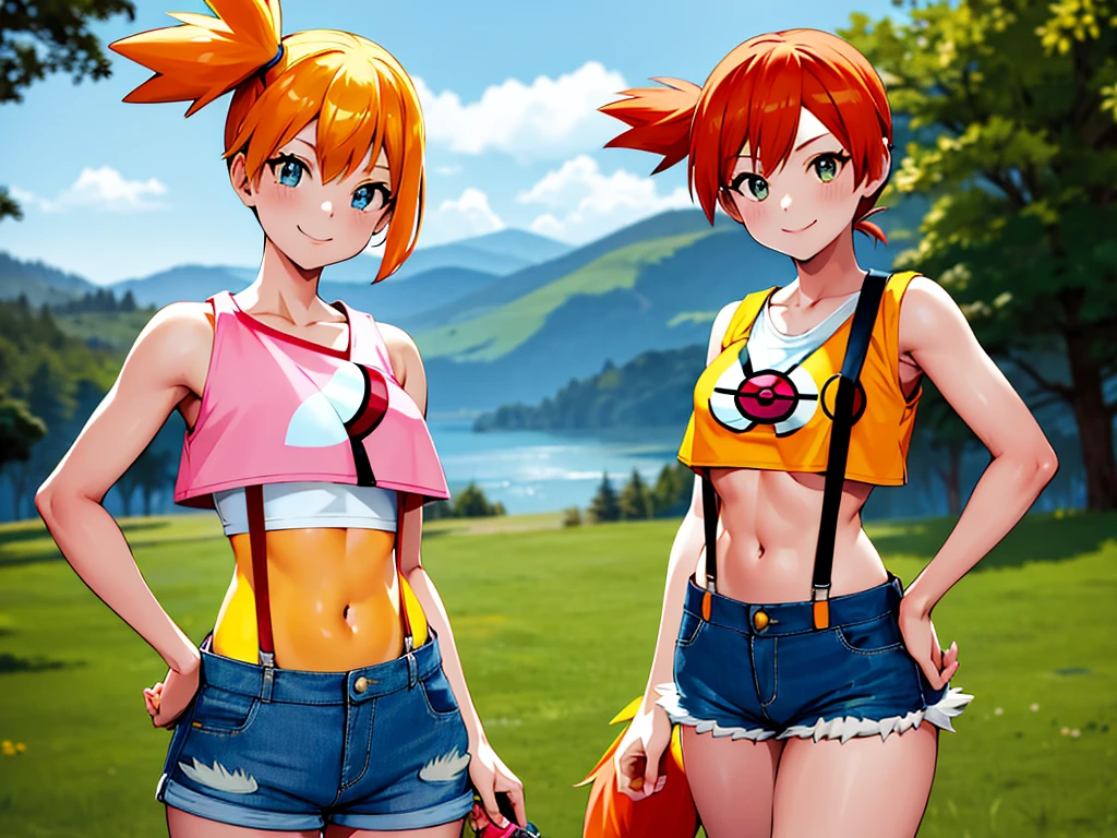 masterpiece, best quality, highres, 1girl, misty (pokemon), orange hair, solo, shorts, suspenders, side ponytail, orange hair, midriff, yellow crop top, navel, short hair, denim, denim shorts, smile, cowboy shot, outdoors, Under Boob, flat chest, Externally expanded Chest,