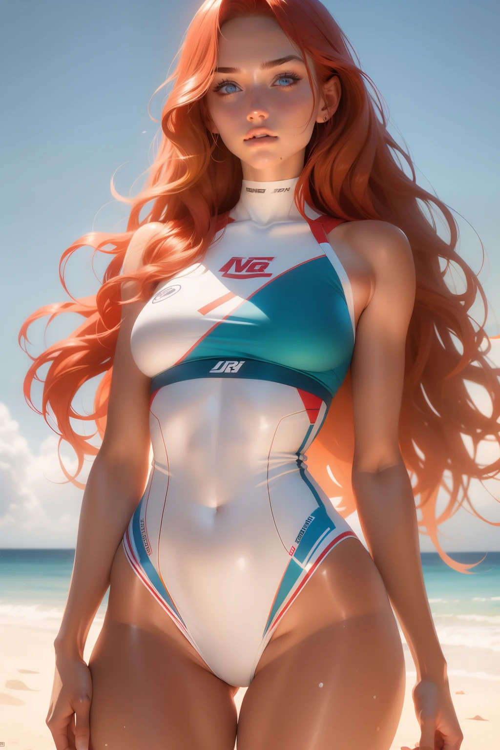 (1girl, 18 year olds),medium breasts, breasts,white female, red hair, blue eyes tan, dewy skin, sweaty skin, wavy blonde hair, beauty, ultra-realistic, ultra lifelike, 4k, unreal engine, film grain, perfect face, full body shot, slim thighs