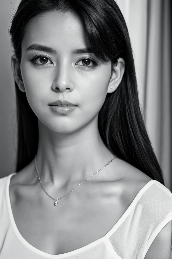 masterpiece, Best Quality, Photorealsitic, Ultra-detailed, finely detail, high resolution, 8k wallpaper, Professional, high level of detail, ((Monochrome photography)), 1girl in, ((Facing the front)), ((Vermilion lips)), Detailed clavicle, face perfect, straight haired