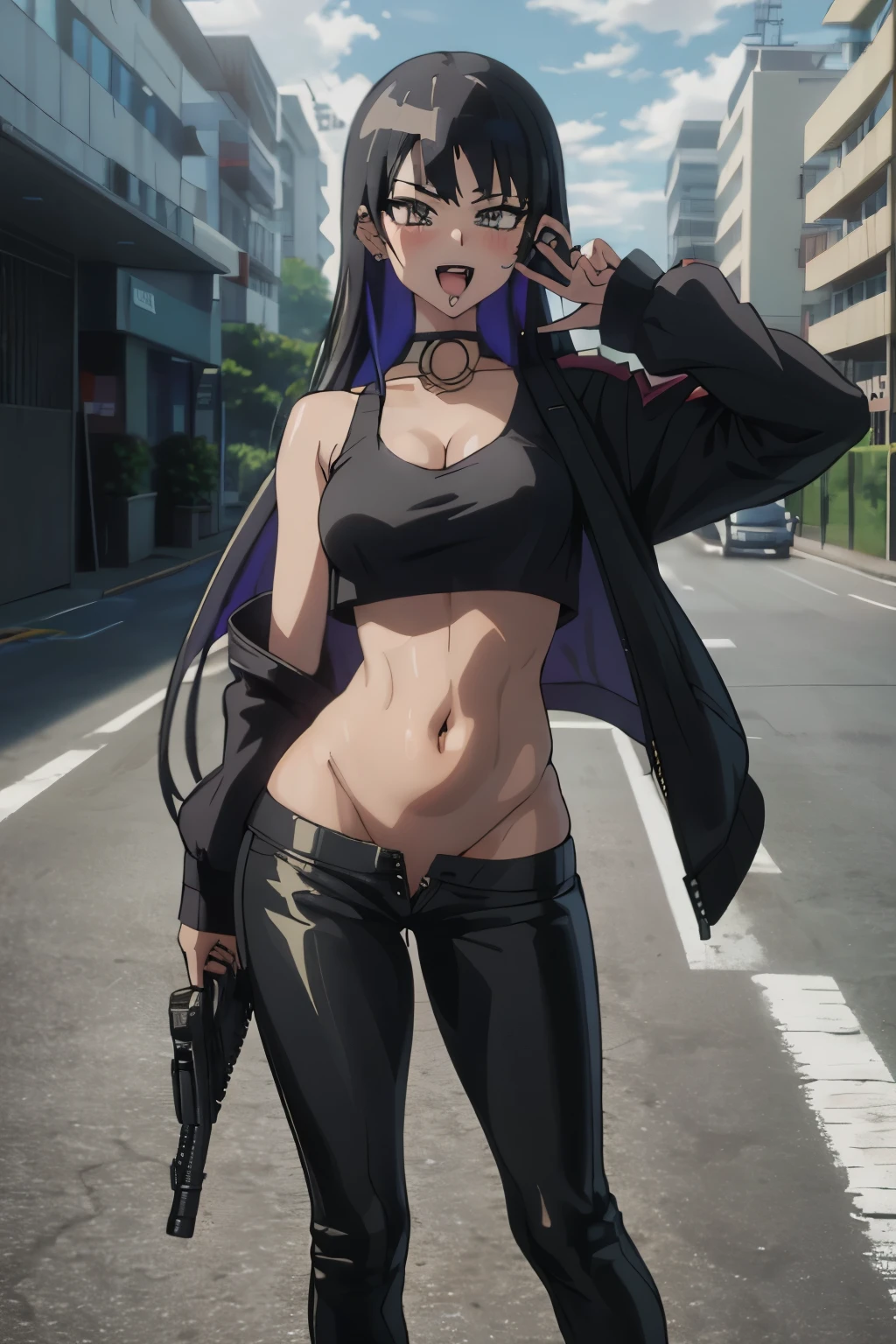 PA-san, smug, smile, blush,  masterpiece, best quality, highly detailed, a girls with a gun, evil smile , open mouth, sexy gaze, badass pose , evil smile, smile, (nsfw) not safe for work, guns blazing, anime girl with long hair, beautiful long haired girl, navel, evil expression, exposed belly, exposed navel, exposed midriff, exposed lower belly, long black pants, crop top, cleavage, unbuttoned leather pants , low rise black leather pants, leather jacket, holding a gun, navel piercing, outdoor,street,road